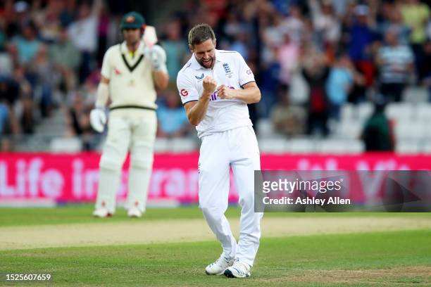 Alex Carey of Australia plays on to a ball from Chris Woakes of England during Day Three of the LV= Insurance Ashes 3rd Test Match between England...