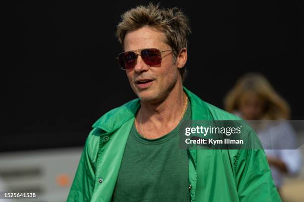 Actor Brad Pitt, star of the upcoming Formula One inspired movie during qualifying ahead of the F1 Grand Prix of Great Britain at Silverstone Circuit...