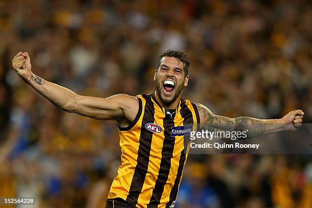 Lance Franklin of the Hawks celebrates kicking a goal during the second AFL Preliminary Final match between the Hawthorn Hawks and the Adelaide Crows...