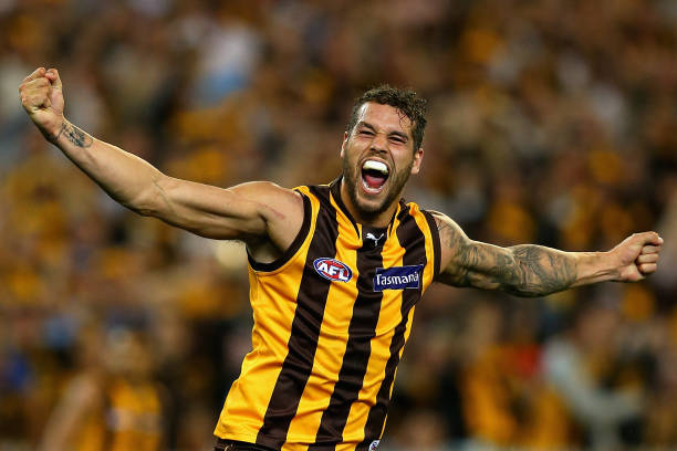 Lance Franklin of the Hawks celebrates kicking a goal during the second AFL Preliminary Final match between the Hawthorn Hawks and the Adelaide Crows...