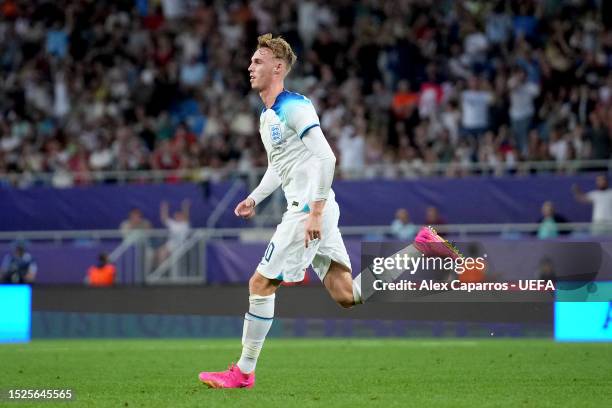 Cole Palmer of England celebrates after scoring their first side goal during the UEFA Under-21 Euro 2023 final match between England and Spain at...