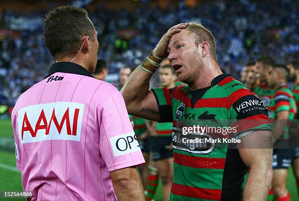 Michael Crocker of the Rabbitohs shows his frustration as he speaks to the referee during the NRL Preliminary Final match between the Canterbury...