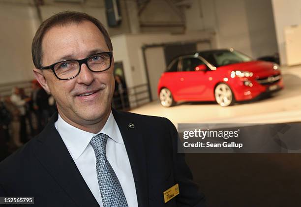 Thomas Sedran, current head of Opel, prepares to present the company's new Opel Adam car at a celebration at the Opel Insignia and Astra factory...