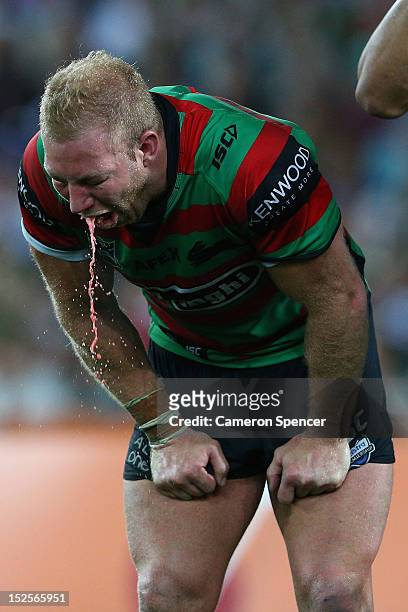 Michael Crocker of the Rabbitohs vomits during the NRL Preliminary Final match between the Canterbury Bulldogs and the South Sydney Rabbitohs at ANZ...
