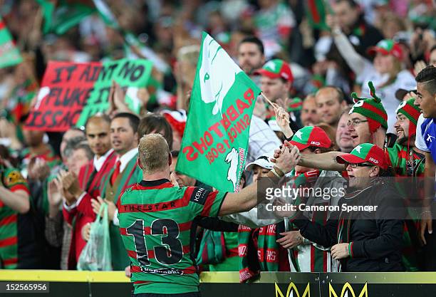 Michael Crocker of the Rabbitohs thanks fans after losing the NRL Preliminary Final match between the Canterbury Bulldogs and the South Sydney...