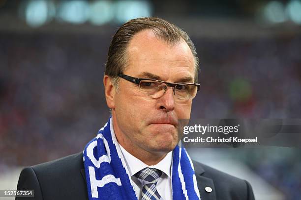 Chairman Clemens Toennies of Schalke looks thoughtful prior to the Bundesliga match between FC Schalke 04 and FC Bayern Muenchen at Veltins-Arena on...