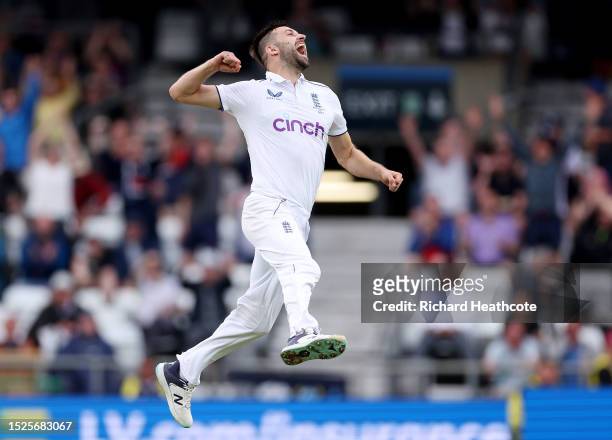 Mark Wood of England celebrates dismissing Australia captain Pat Cummins during Day Three of the LV= Insurance Ashes 3rd Test Match between England...