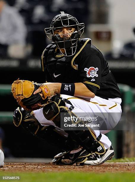 Rod Barajas of the Pittsburgh Pirates looks towards the dugout during the game against the Milwaukee Brewers on September 18, 2012 at PNC Park in...