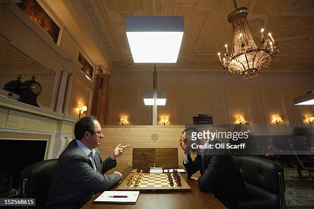Chess Grandmasters Boris Gelfand plays Veselin Topalov in the World Chess London Grand Prix at Simpson's-in-the-Strand on September 22, 2012 in...
