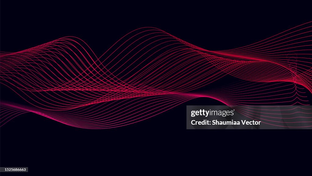 Dynamic red particle wave line on dark blue abstract background. Abstract sound visualization. Digital structure of the wave flow of luminous particles.