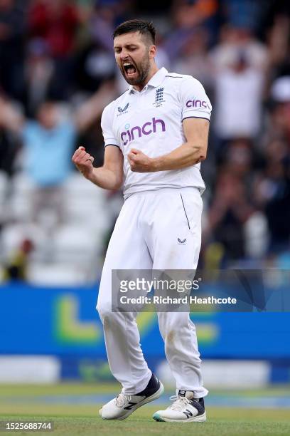 Mark Wood of England celebrates with teammates after dismissing Mitchell Starc of Australia during Day Three of the LV= Insurance Ashes 3rd Test...