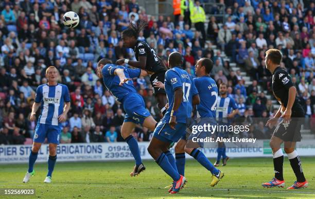 Hugo Rodallega of Fulham scores the opening goal during the Barclays Premier League match between Wigan Athletic and Fulham at DW Stadium on...