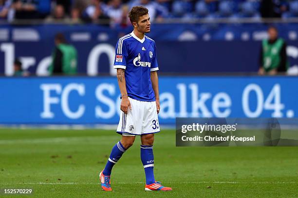 Roman Neustaedter of Schalke looks dejected after losing 0-2 the Bundesliga match between FC Schalke 04 and FC Bayern Muenchen at Veltins-Arena on...