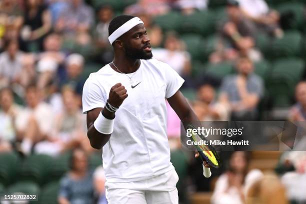 Frances Tiafoe of United States celebrates against Grigor Dimitrov of Bulgaria in the Men's Singles third round match during day six of The...