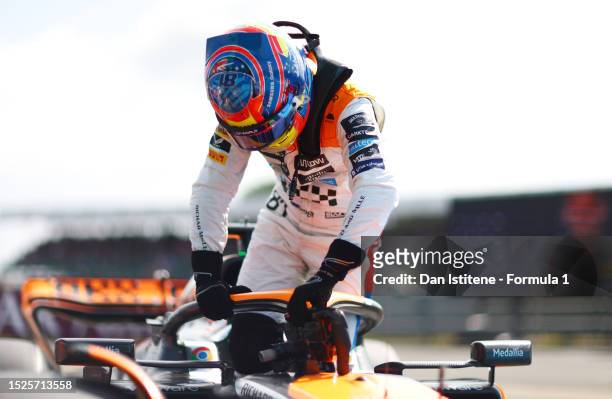 Third placed qualifier Oscar Piastri of Australia and McLaren climbs from his car in parc ferme during qualifying ahead of the F1 Grand Prix of Great...