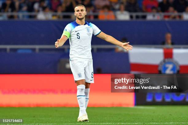 Taylor Harwood-Bellis of England looks on during the UEFA Under-21 Euro 2023 final match between England and Spain at Batumi Arena on July 08, 2023...