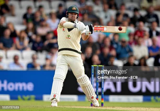 Travis Head of Australia hits a boundary during Day Three of the LV= Insurance Ashes 3rd Test Match between England and Australia at Headingley on...