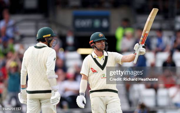 Travis Head of Australia salutes the crowd after reaching his half century during Day Three of the LV= Insurance Ashes 3rd Test Match between England...