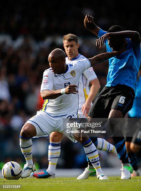 El-Hadji Diouf of Leeds in action with Guy Moussi of Nottingham during the npower Championship match between Leeds United and Nottingham Forest at...