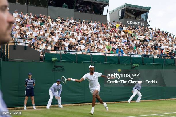 Christopher Eubanks of the United States in action against Christopher O'Connell of Australia in the Gentlemen's Singles third-round match on Court...