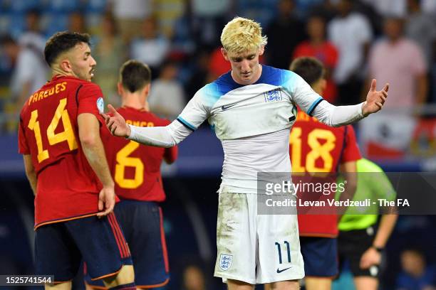 Anthony Gordon of England reacts during the UEFA Under-21 Euro 2023 final match between England and Spain at Batumi Arena on July 08, 2023 in Batumi,...