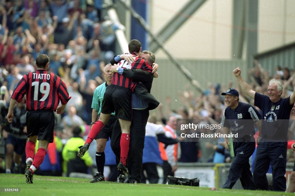 Manchester City manager Joe Royle celebrates a goal against Blackburn ...