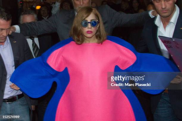 Singer Lady Gaga is seen leaving the 'Park Hyatt Paris Vendome' hotel on September 22, 2012 in Paris, France.