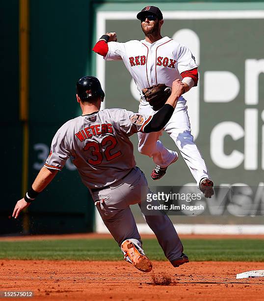 Dustin Pedroia of the Boston Red Sox turns a double play as Matt Wieters of the Baltimore Orioles slides late into second base in the third inning at...