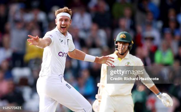 Stuart Broad of England successfully appeals for the wicket of Todd Murphy of Australia during Day Three of the LV= Insurance Ashes 3rd Test Match...