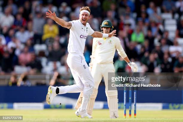 Stuart Broad of England successfully appeals for the wicket of Todd Murphy of Australia during Day Three of the LV= Insurance Ashes 3rd Test Match...