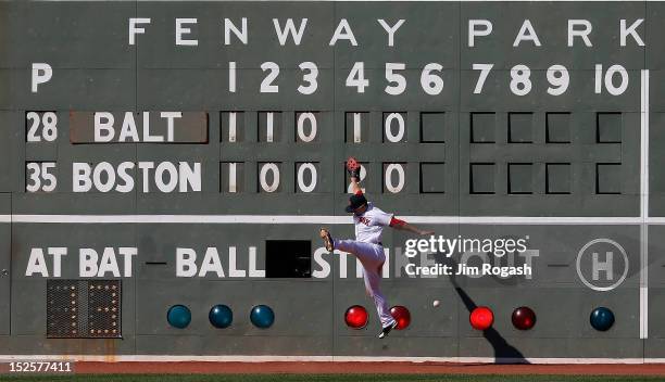 Daniel Nava of the Boston Red Sox is unable to catch a ball hit by Manny Machado of the Baltimore Orioles in the sixth inning at Fenway Park on...