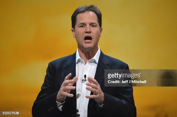 Deputy Prime Minister Nick Clegg, addresses a rally on day one of the Liberal Democrats' Party Conference on September 22, 2012 in Brighton, England....