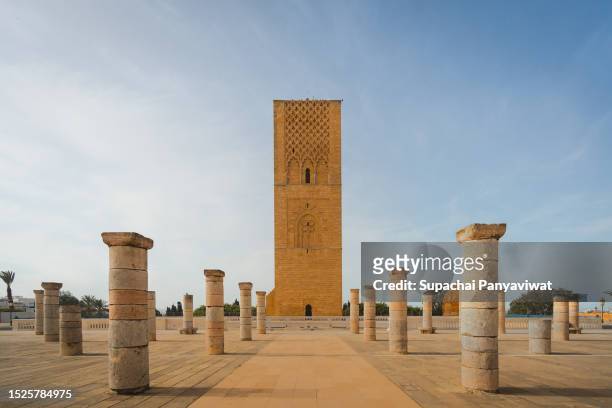 hassan tower  in rabat - capital of morocco listed as world heritage by unesco, rabat, morocco - rabatt stock pictures, royalty-free photos & images