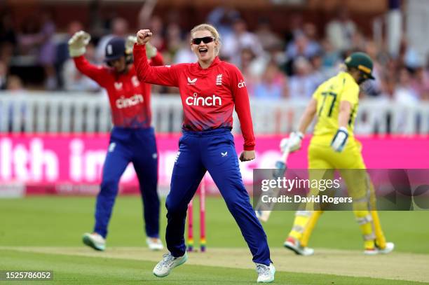 Charlie Dean of England celebrates after trapping Alyssa Healy LBW during the Women's Ashes 3rd Vitality IT20 match between England and Australia at...