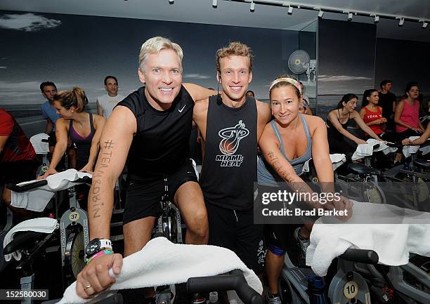 Television host Sam Champion, Nick Oram, and Robyn Cerk attend American Cancer Society & Young Friends Of The DreamBall SoulCycle Charity Ride at...