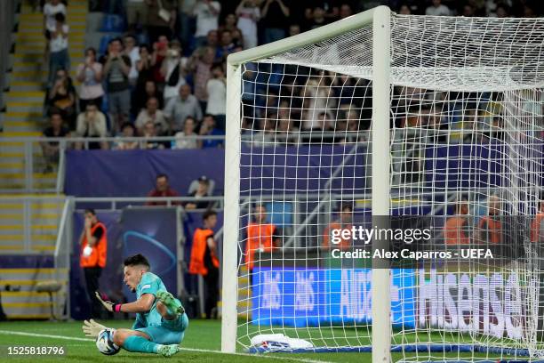 James Trafford of England saves a penalti shoot during the UEFA Under-21 Euro 2023 final match between England and Spain at Batumi Arena on July 08,...