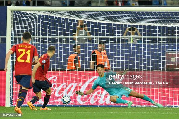 James Trafford of England saves a penalti shoot during the UEFA Under-21 Euro 2023 final match between England and Spain at Batumi Arena on July 08,...