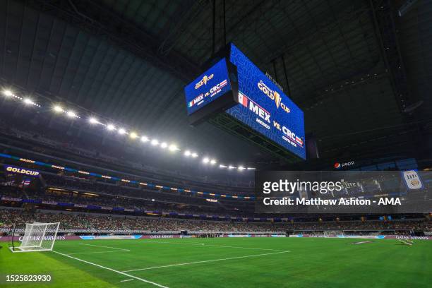 An interior view of the AT&T Stadium the home of the Dallas Cowboys with the gigantic LED scoreboard hanging from the stadium roof during the 2023...
