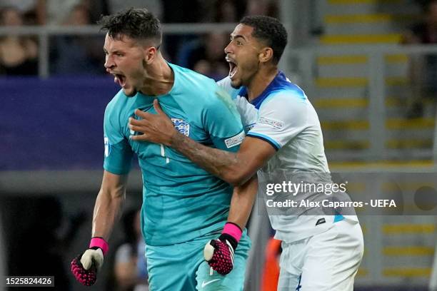 James Trafford of England celebrates after saving a penalti shoot during the UEFA Under-21 Euro 2023 final match between England and Spain at Batumi...