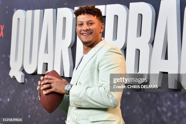 American football player Patrick Mahomes arrives for the premiere of Netflix's docuseries "Quarterback" at the Tudum Theatre in Los Angeles, on July...