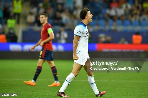 Curtis Jones of England celebrates after winning the UEFA Under-21 Euro 2023 final match between England and Spain at Batumi Arena on July 08, 2023...