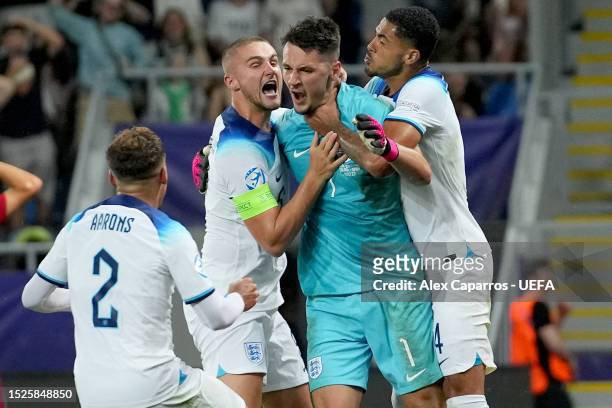 James Trafford of England celebrates after saving a penalti shoot during the UEFA Under-21 Euro 2023 final match between England and Spain at Batumi...