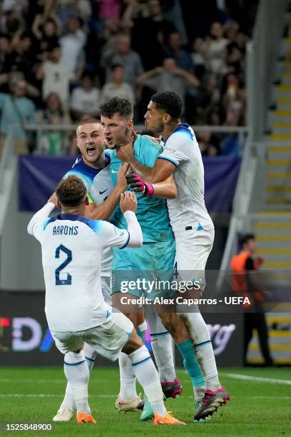 James Trafford of England celebrates after saving a penalti shoot during the UEFA Under-21 Euro 2023 final match between England and Spain at Batumi...