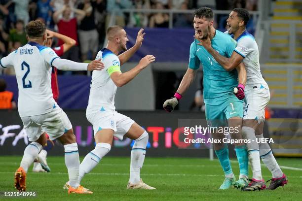 James Trafford of England celebrates after saving a penalti shoot during the UEFA Under-21 Euro 2023 final match between England and Spain at Batumi...