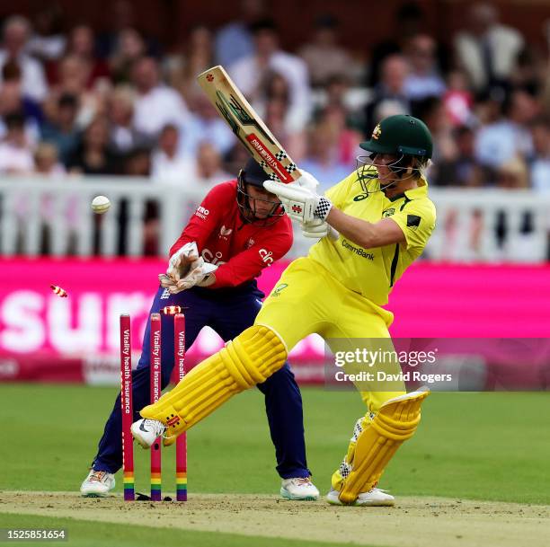 Beth Mooney of Australia is bowled by Nat Sciver-Brunt during the Women's Ashes 3rd Vitality IT20 match between England and Australia at Lord's...