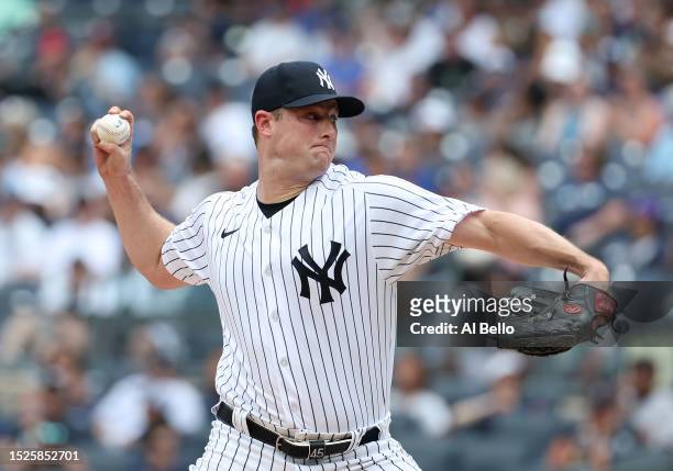 Gerrit Cole of the New York Yankees pitches against the Chicago Cubs during their game at Yankee Stadium on July 8, 2023 in Bronx borough of New York...
