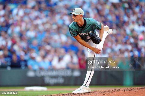 George Kirby of the Seattle Mariners pitches during the 93rd MLB All-Star Game presented by Mastercard at T-Mobile Park on Tuesday, July 11, 2023 in...