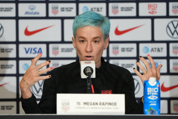 Megan Rapinoe of the United States announces her retirement during a press conference at PayPal Park on July 08, 2023 in San Jose, California.