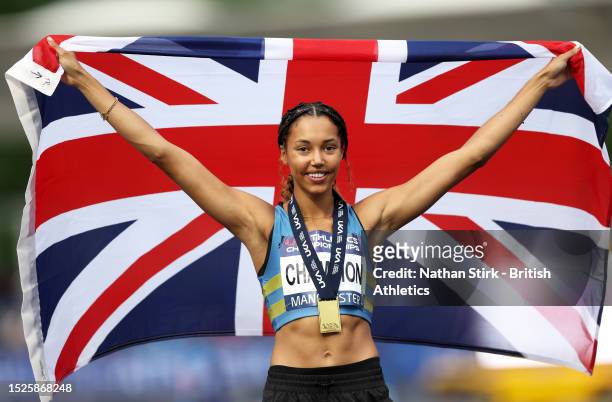 Morgan Lake of Windsor, Slough, Eton and Hounslow celebrates following the Women's High Jump Final during Day One of the UK Athletics Championships...