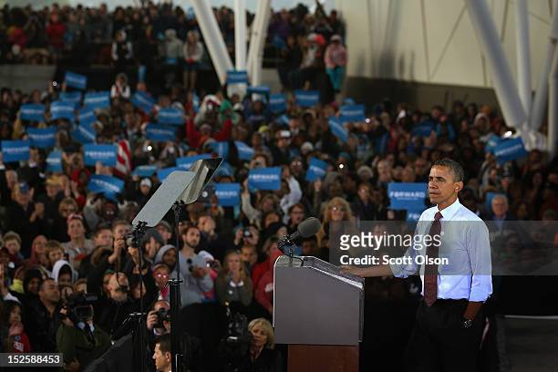 President Barack Obama speaks to supporters during a campaign rally on September 22, 2012 in Milwaukee, Wisconsin. In addition to the rally, Obama...